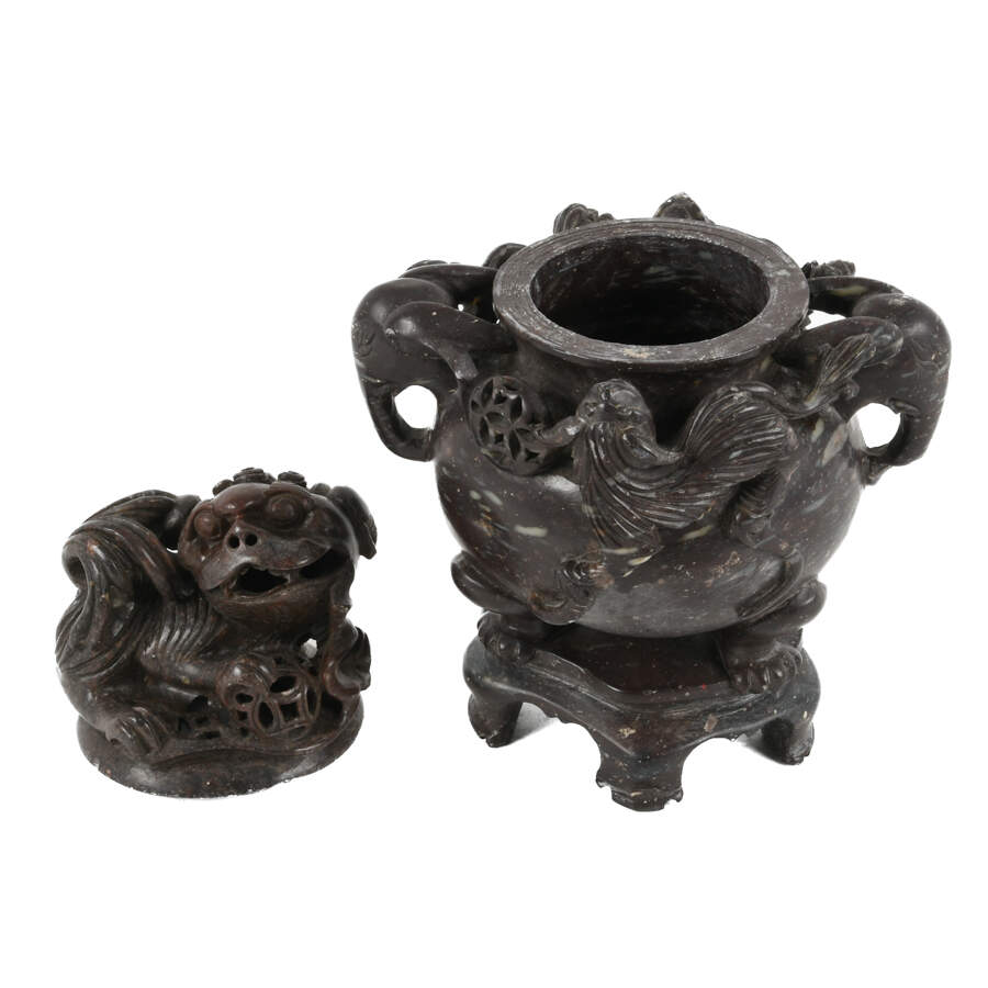 Carved Soapstone Imperial Guardian Lion Incense Censor Burner-4