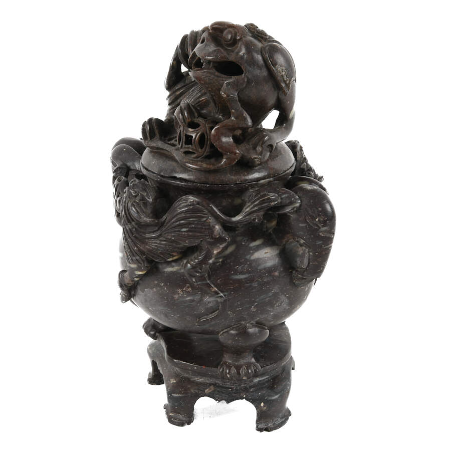 Carved Soapstone Imperial Guardian Lion Incense Censor Burner-2