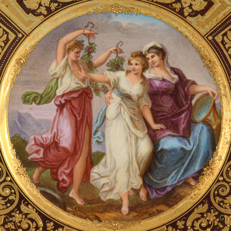 Antique Hand-Painted Three Young Girls with Grapes "Bachantinnen" Plate-2