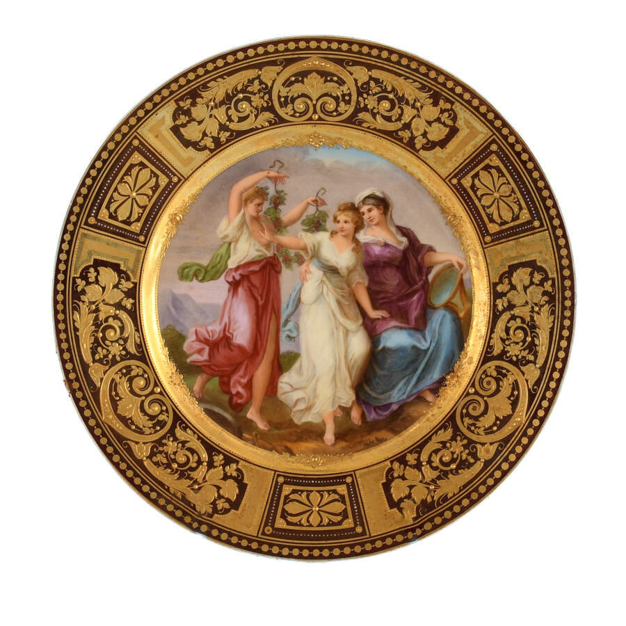 Antique Hand-Painted Three Young Girls with Grapes "Bachantinnen" Plate-1