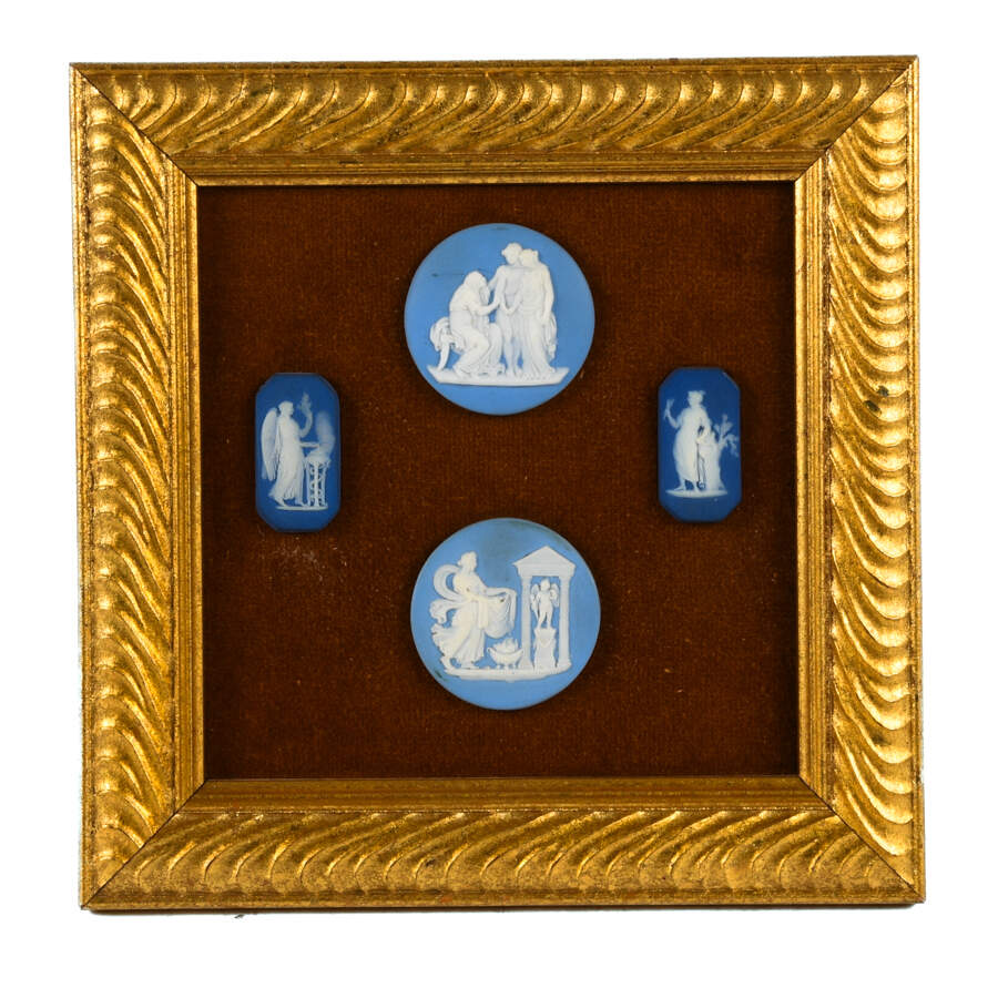 Antique Set of 4 Framed Wedgwood Blue Jasperware Medallions-1