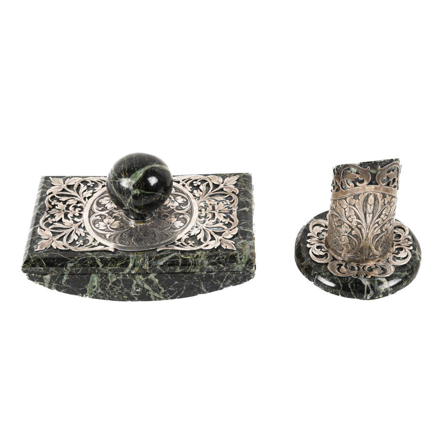 French Sterling Silver and Green Marble Pen Holder and Blotter Desk Set-1
