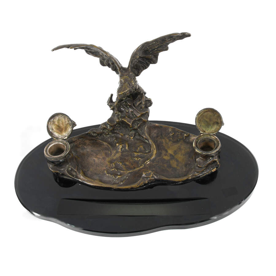 Signed Albert Marionnet Figural Eagle Bronze Double Inkwell-3