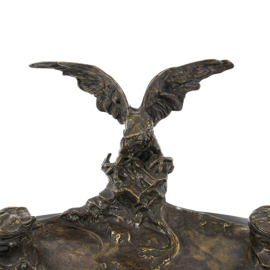 Signed Albert Marionnet Figural Eagle Bronze Double Inkwell-2