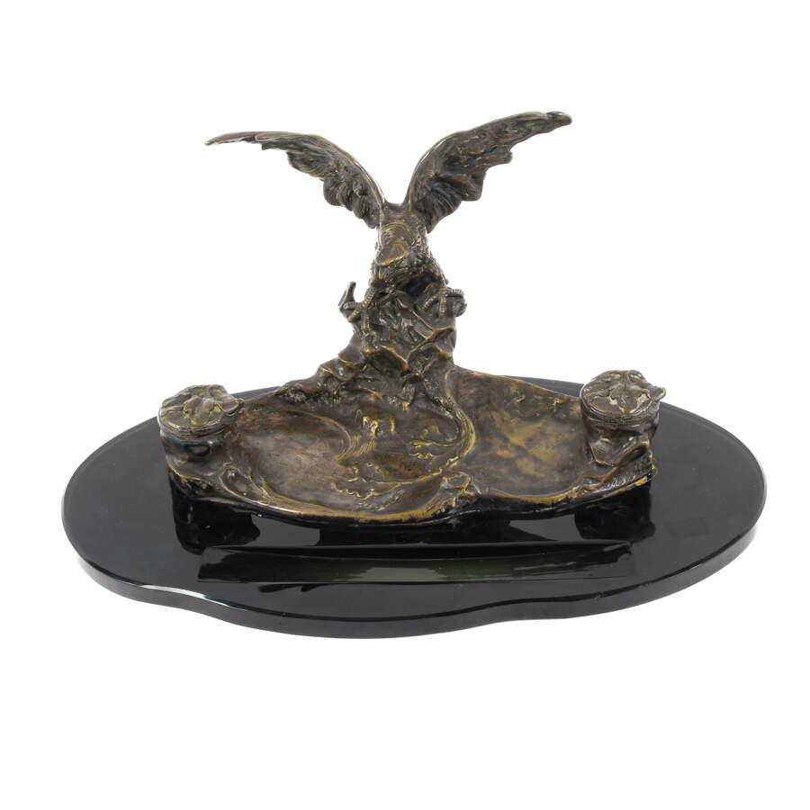 Signed Albert Marionnet Figural Eagle Bronze Double Inkwell-1
