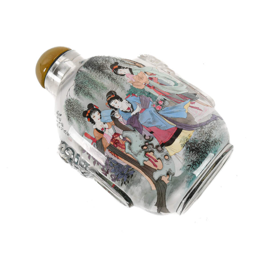 Oversized Chinese Reverse Painted Snuff Bottle of Three Female Figures-5