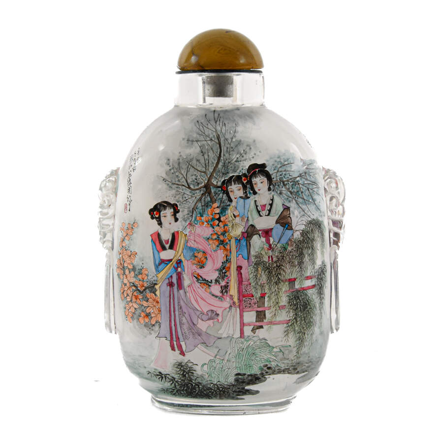 Oversized Chinese Reverse Painted Snuff Bottle of Three Female Figures-3