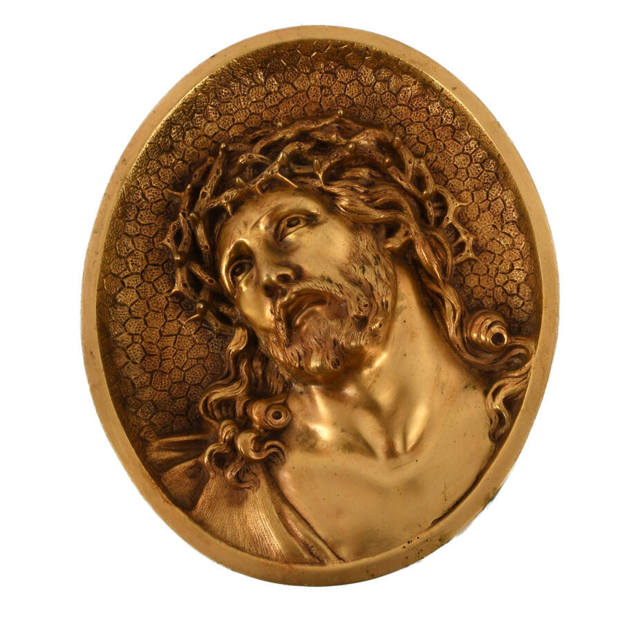 Antique Gilt Bronze Portrait Wall Plaque Depicting Jesus-2