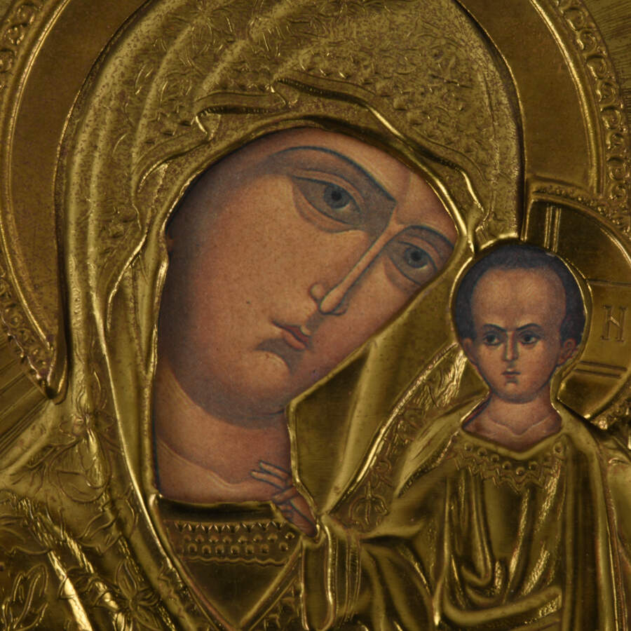 Gilt Brass Russian Icon Madonna and Child-3