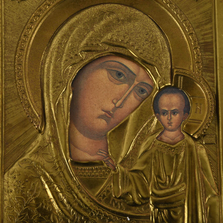 Gilt Brass Russian Icon Madonna and Child-2