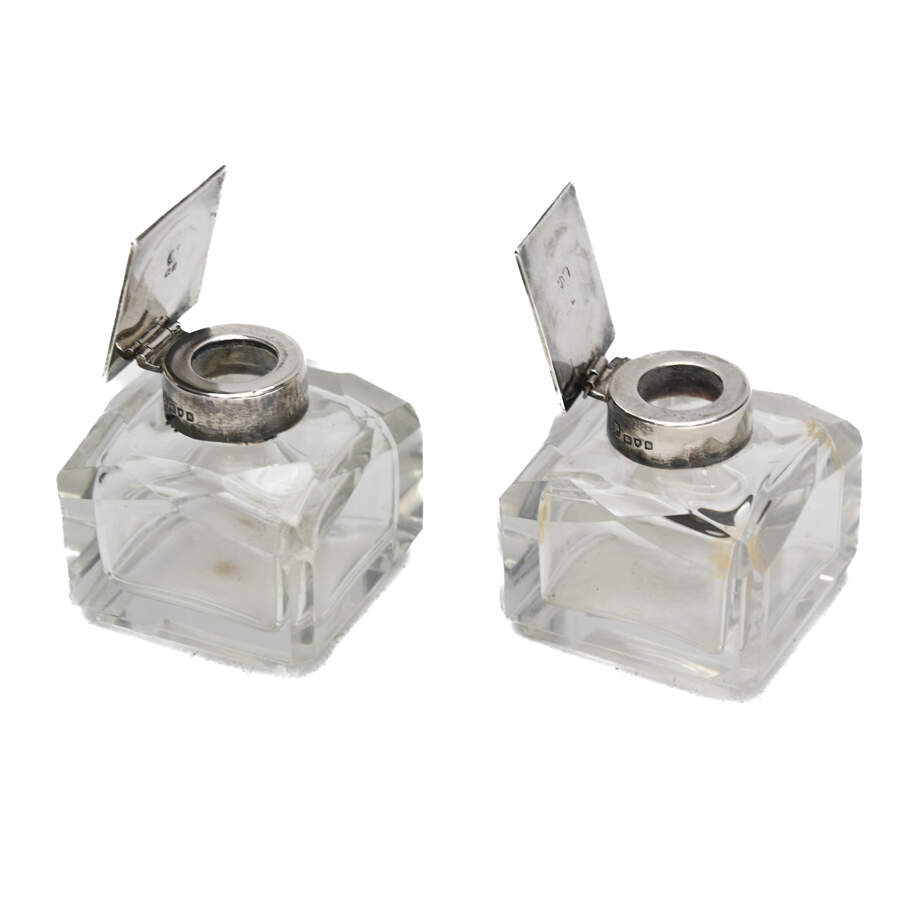 Antique Pair of Sheffield Silver and Crystal Inkwells-5