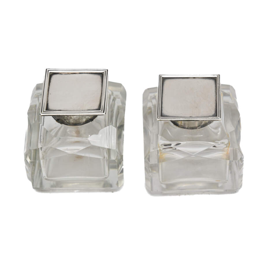 Antique Pair of Sheffield Silver and Crystal Inkwells-2