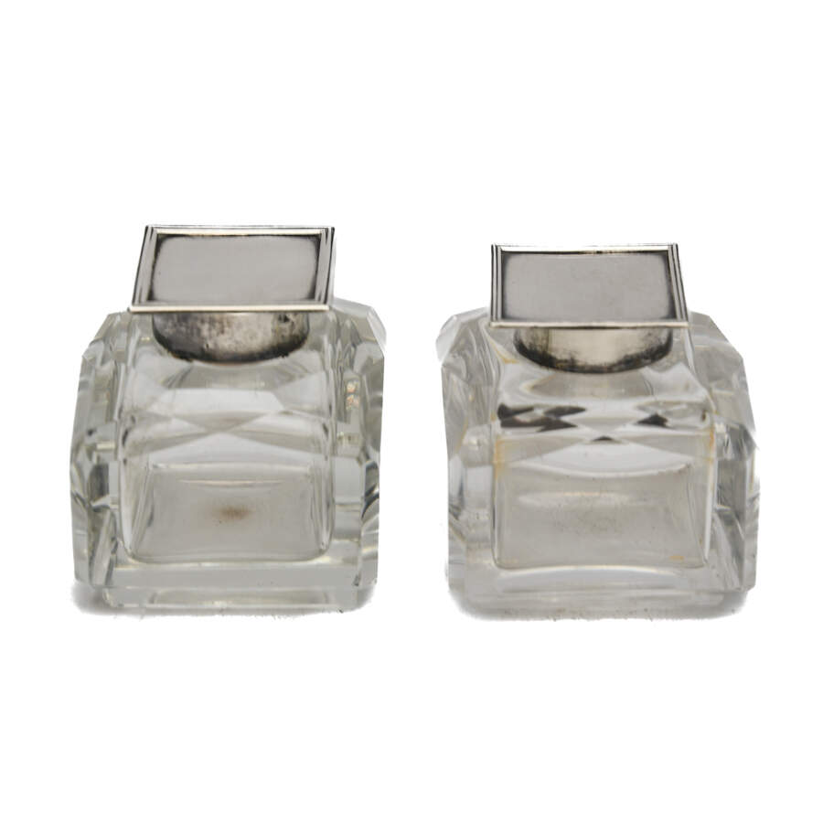 Antique Pair of Sheffield Silver and Crystal Inkwells-1