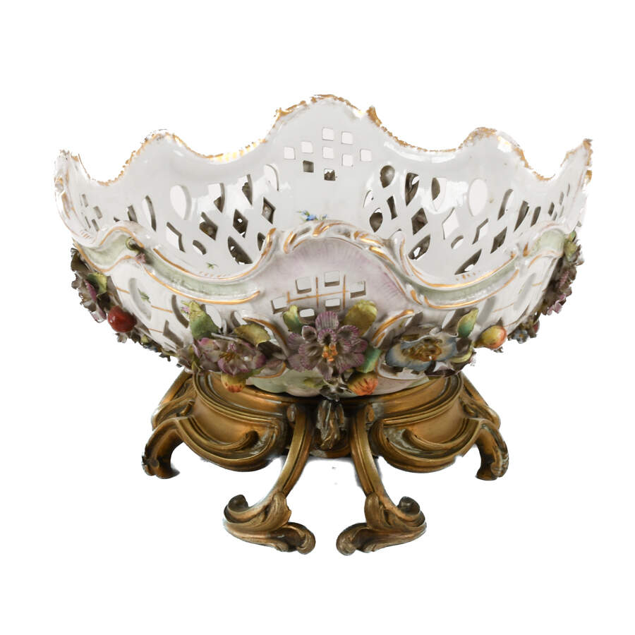 Antique German Floral Openwork Center Bowl with Bronze Feet-3