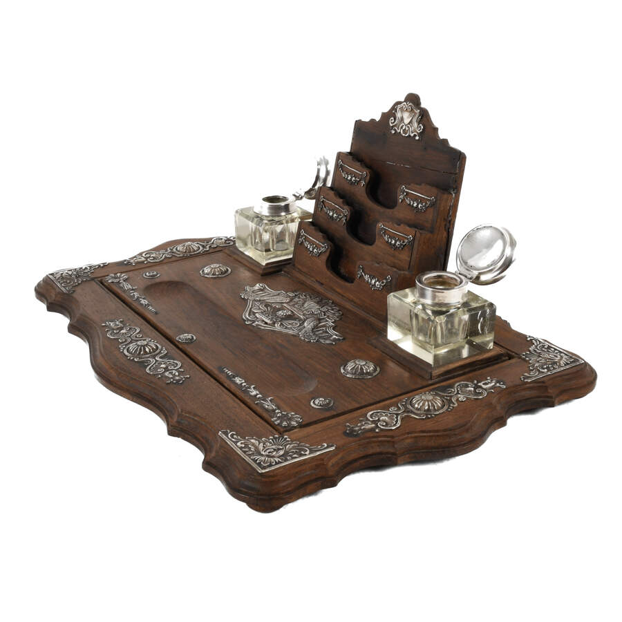 Wood Desk Stand with Glass Inkwells-4