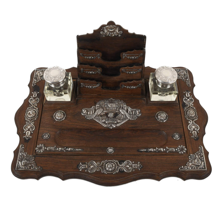 Wood Desk Stand with Glass Inkwells-3