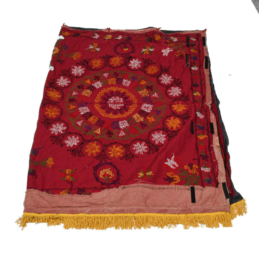 Hand-Embroidery Suzani Silk Crewel Fringed Textile Panel-6