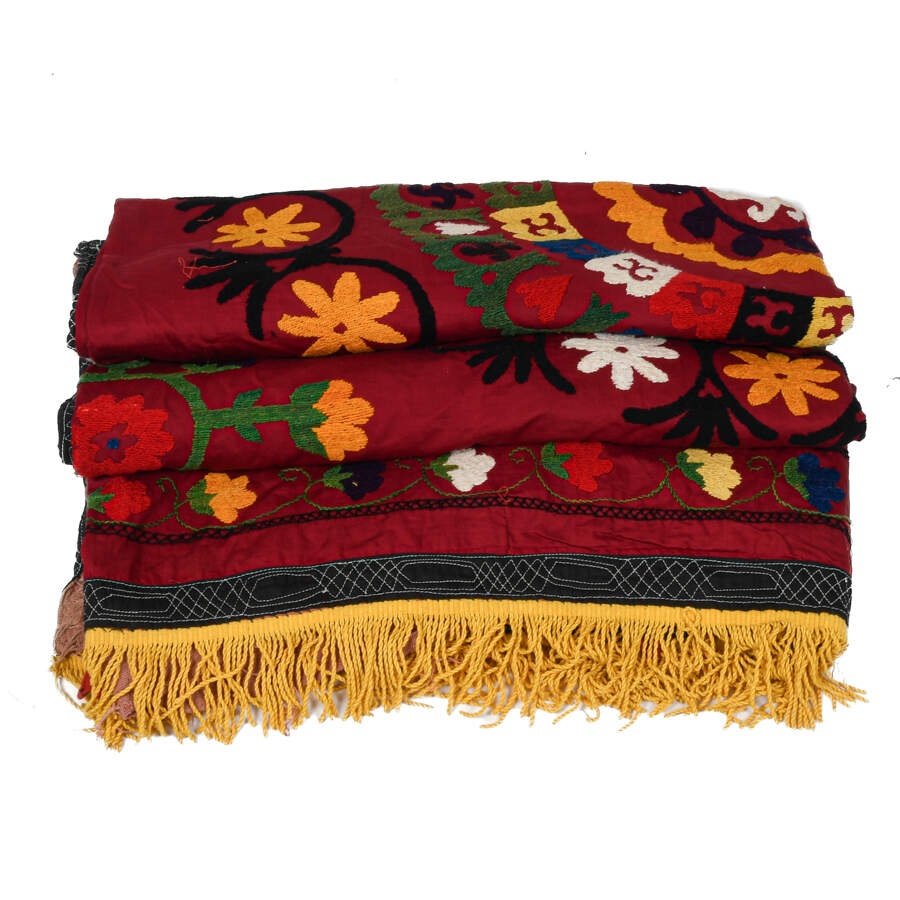 Hand-Embroidery Suzani Silk Crewel Fringed Textile Panel-5