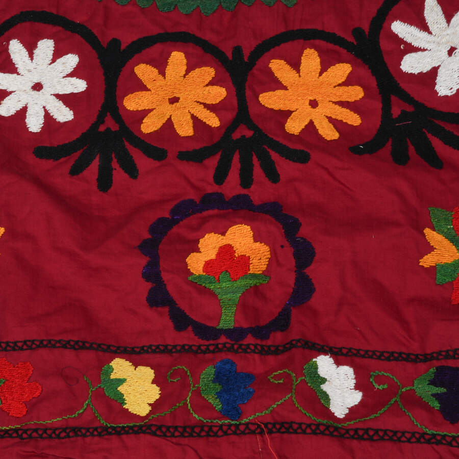 Hand-Embroidery Suzani Silk Crewel Fringed Textile Panel-4