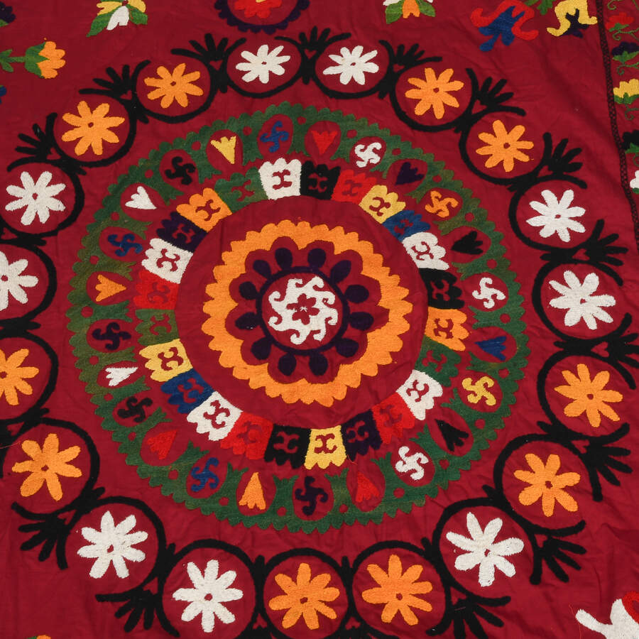 Hand-Embroidery Suzani Silk Crewel Fringed Textile Panel-3