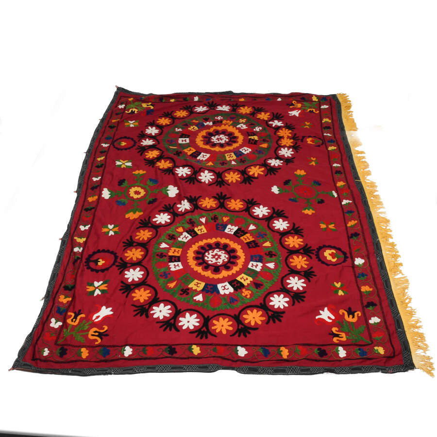 Hand-Embroidery Suzani Silk Crewel Fringed Textile Panel-2