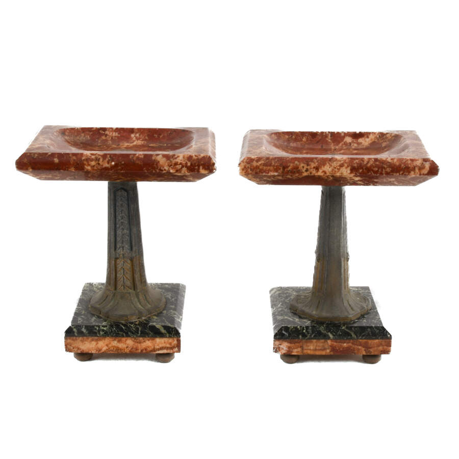 Pair Art Deco Red Marble Mantel Garnitures-1