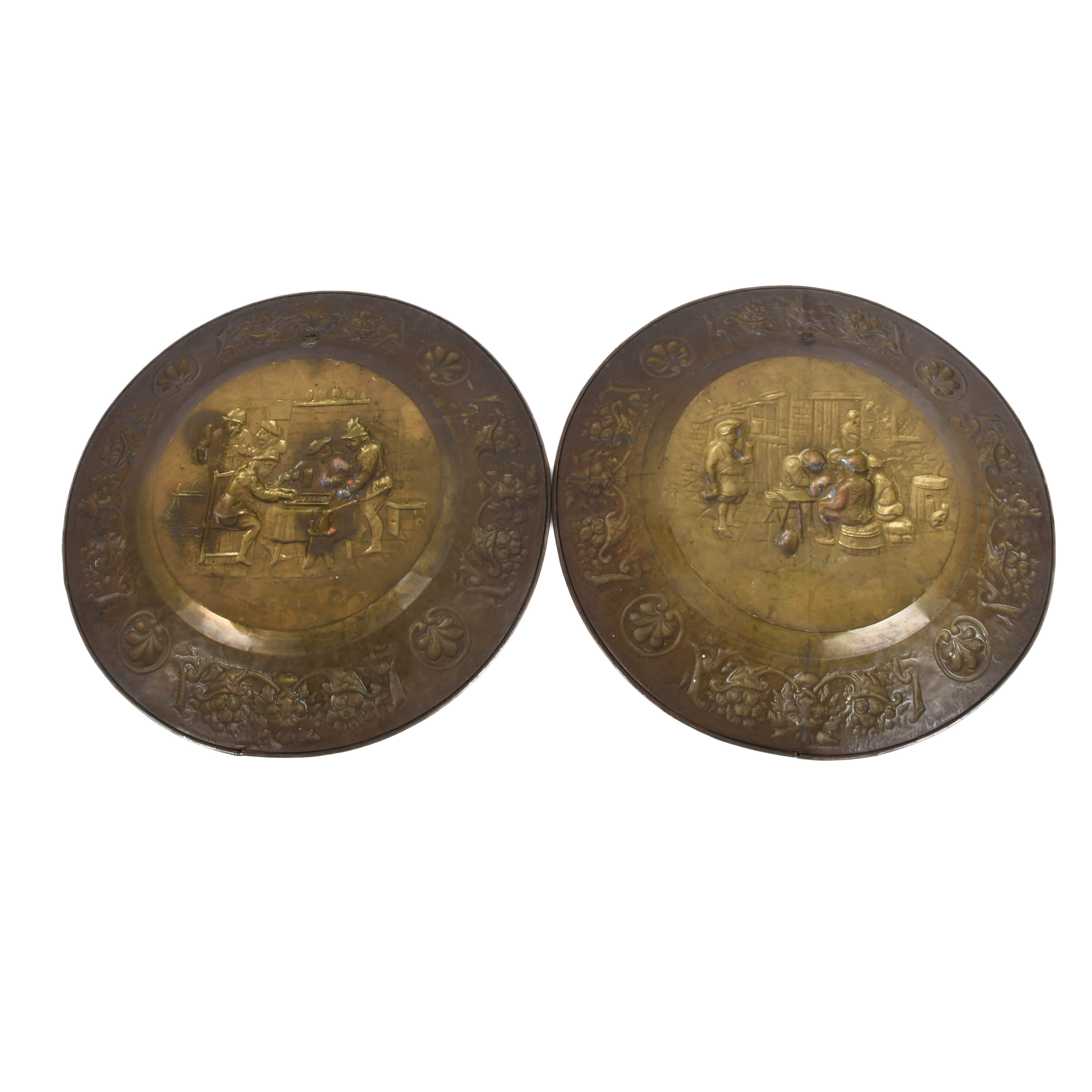 Large Pair of Embossed Brass Tavern Wall Plaques-5