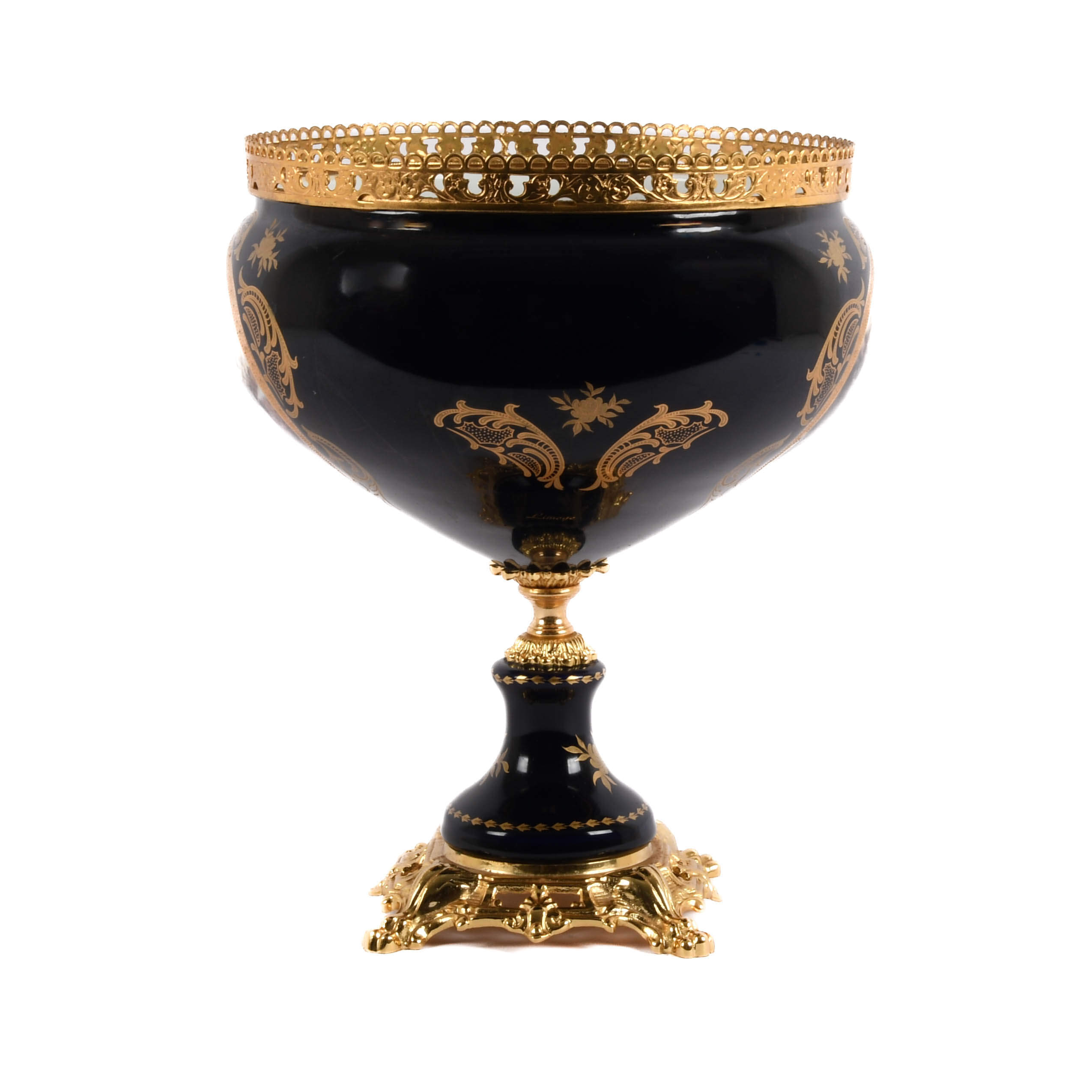 Lover's Scene Cobalt and Gilt Porcelain Compote by Limoge-11