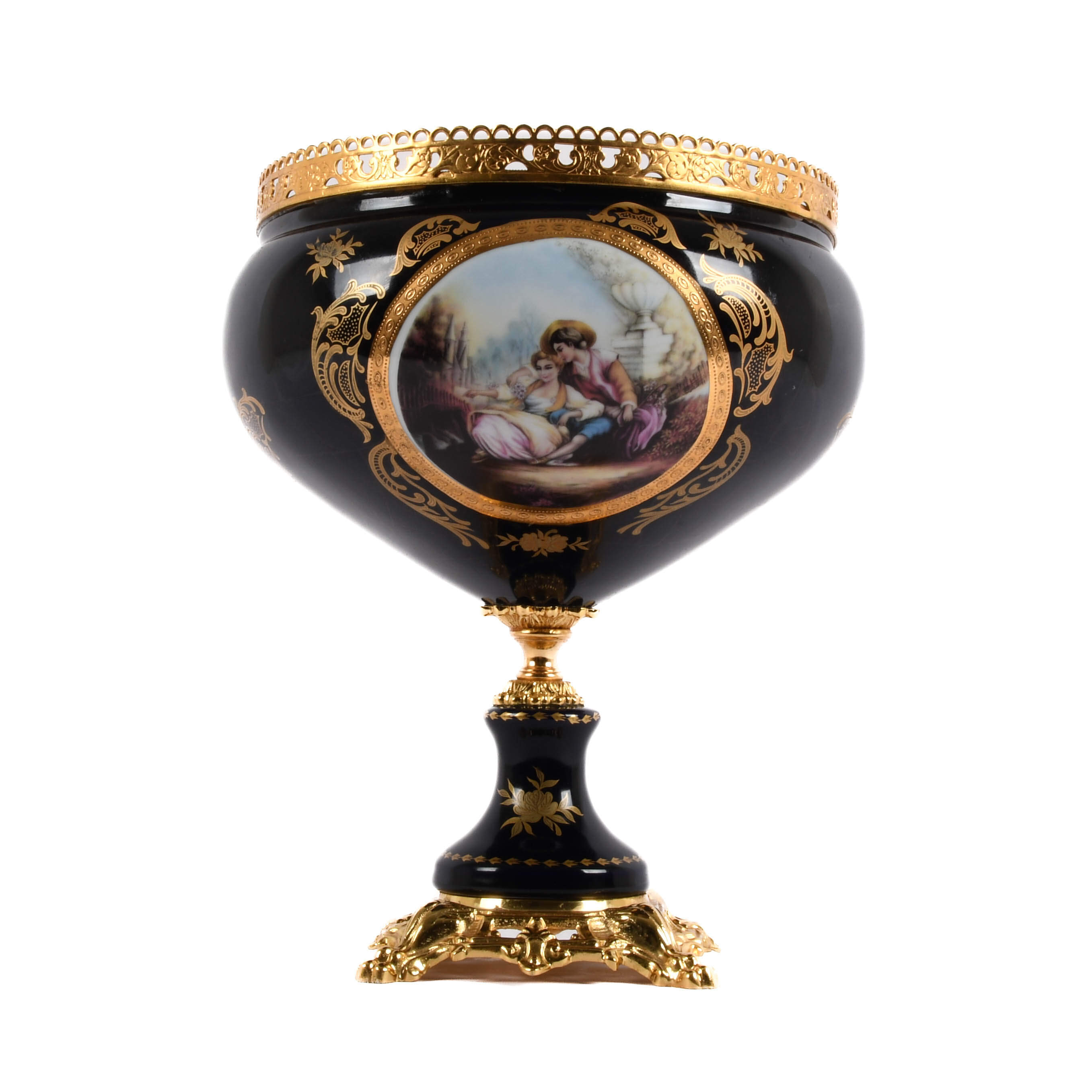 Lover's Scene Cobalt and Gilt Porcelain Compote by Limoge-10