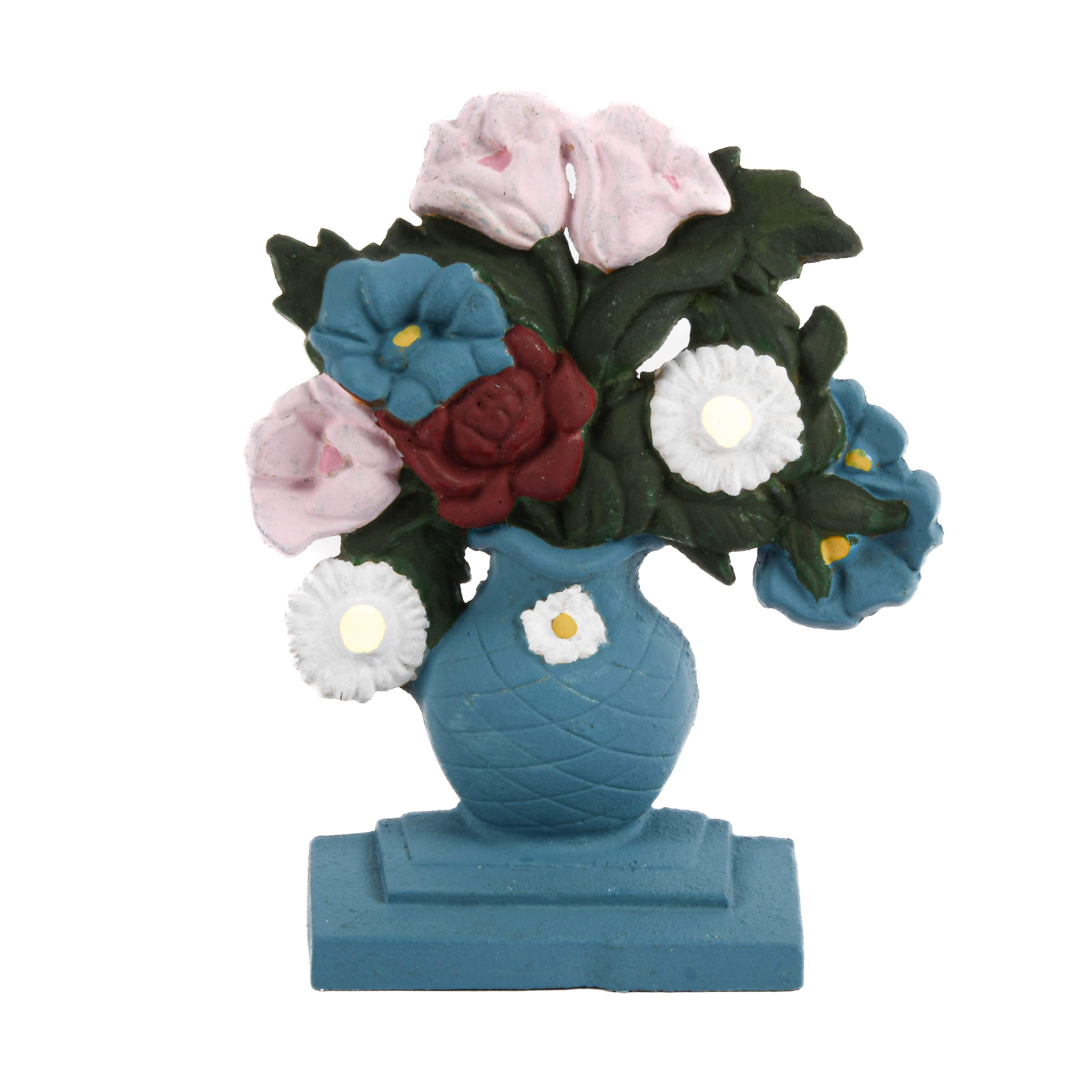 Art Deco Cast Iron Poppies & Dasies Floral Basket Doorstop-1