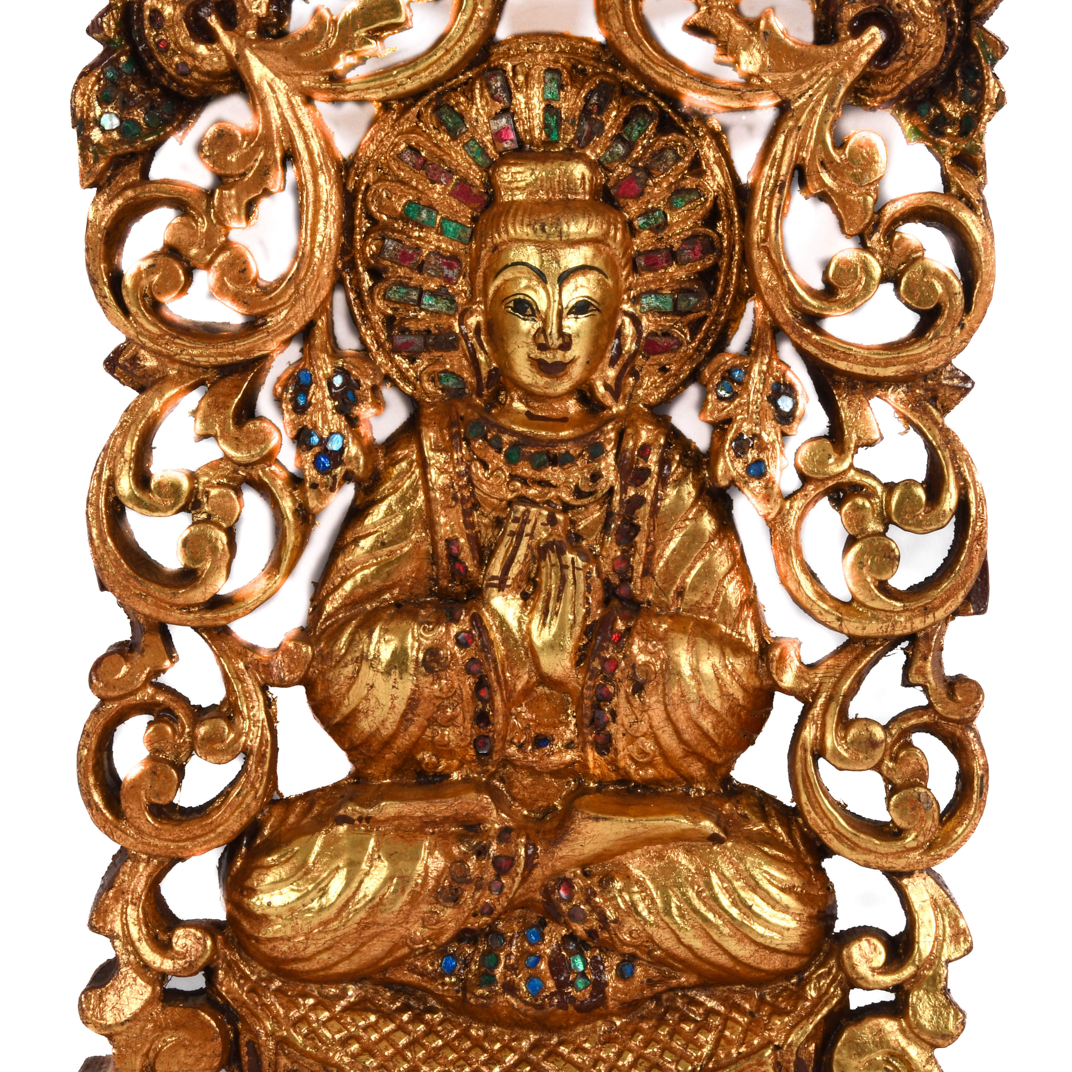 Gilt Wood Carved and Inlaid Stone Asian Wall Plaque-2