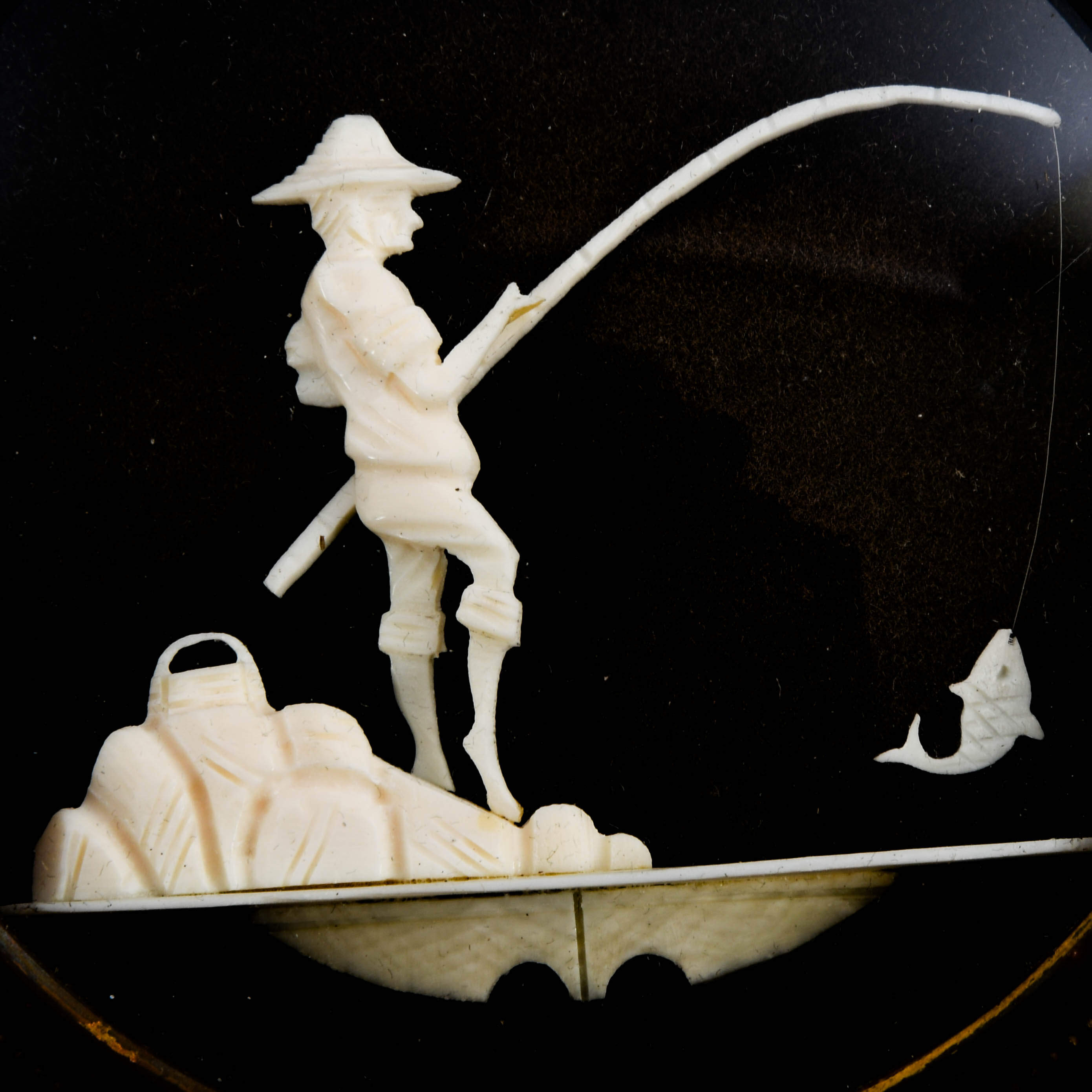 Antique Carved Fisherman Diorama Plaque-3