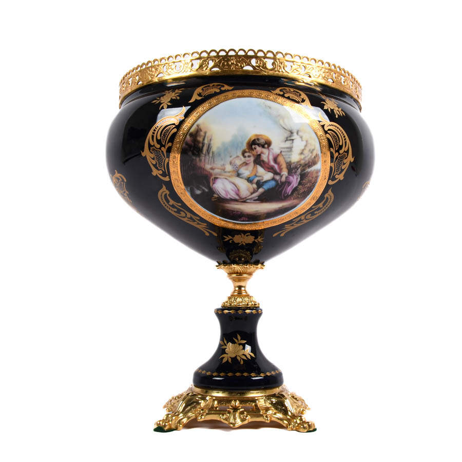 Lover's Scene Cobalt and Gilt Porcelain Compote by Limoge-5