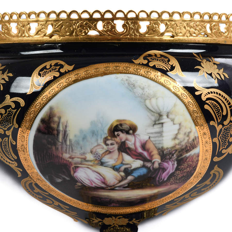 Lover's Scene Cobalt and Gilt Porcelain Compote by Limoge-2