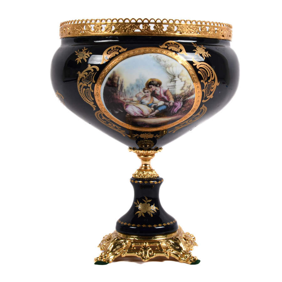 Lover's Scene Cobalt and Gilt Porcelain Compote by Limoge-1