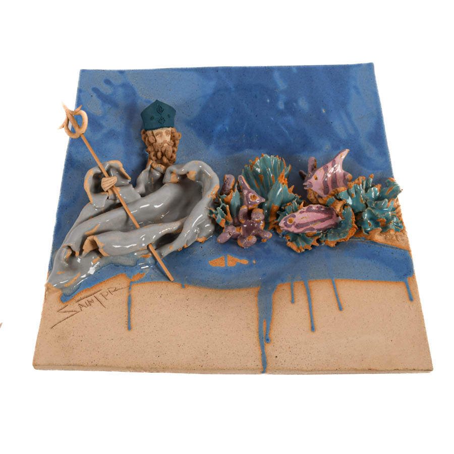 Signed Saint P.R. Ceramic Pottery King Neptune Wall Plaque-5
