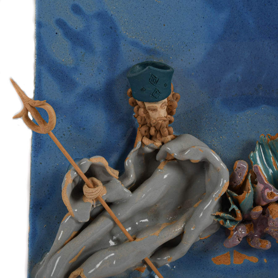 Signed Saint P.R. Ceramic Pottery King Neptune Wall Plaque-2