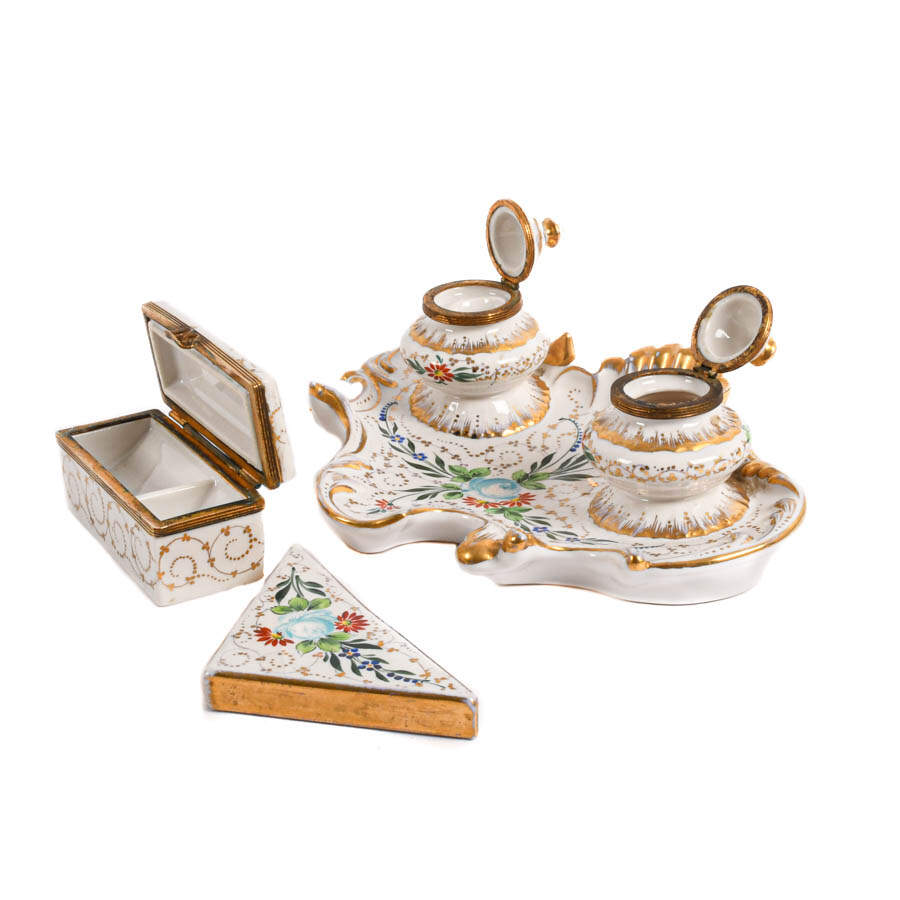 Hand-Painted Old Paris Floral Porcelain Desk Set-3