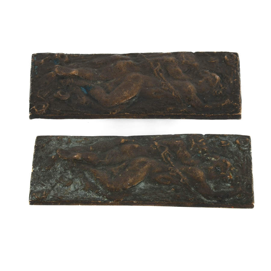 Pair of Victorian Bronze Bas Relief Putti and Roses Plaquettes-3