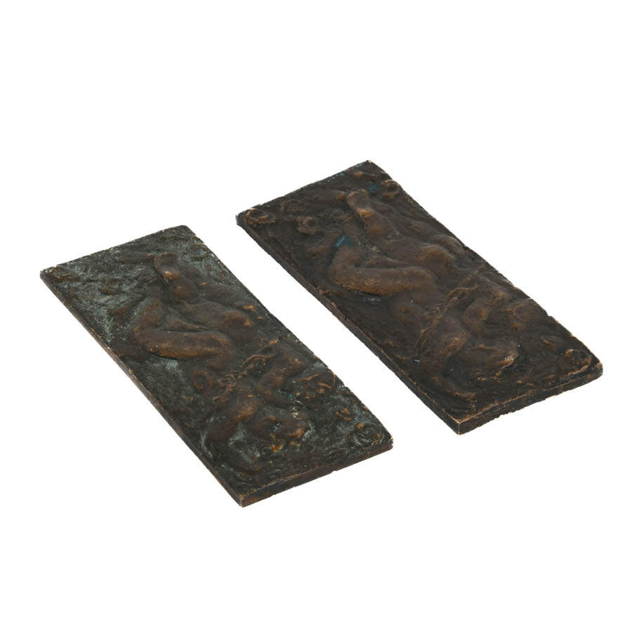 Pair of Victorian Bronze Bas Relief Putti and Roses Plaquettes-2