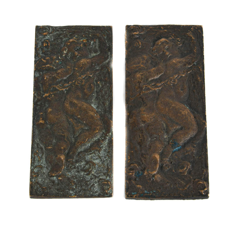 Pair of Victorian Bronze Bas Relief Putti and Roses Plaquettes-1