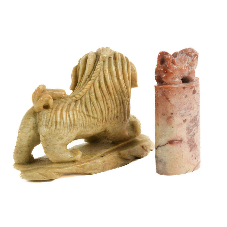 Two Chinese Carved Soapstone Guardian Lion Statues-5