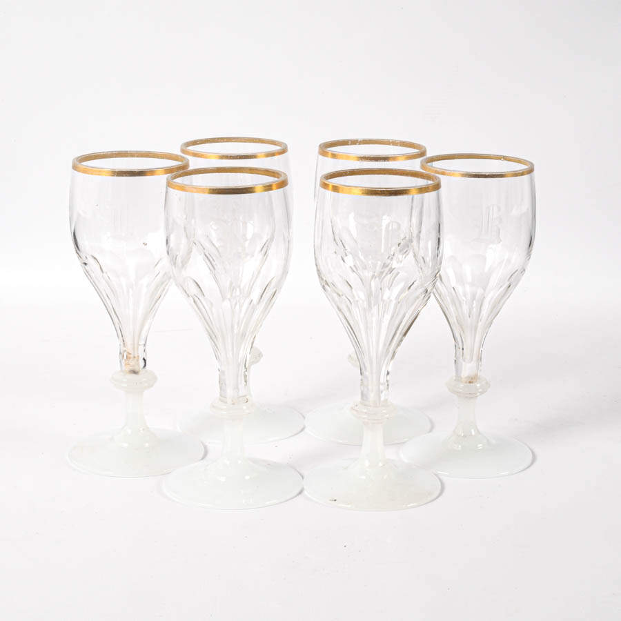 Set of Six Victorian Crystal Monogrammed Wine Glasses-1