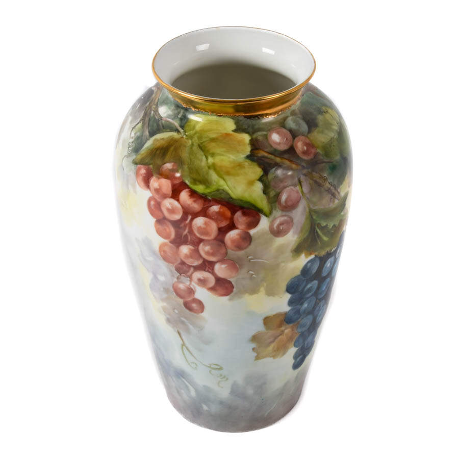 Hand-Painted Porcelain Grapevine Vase with Gilt Rim-3