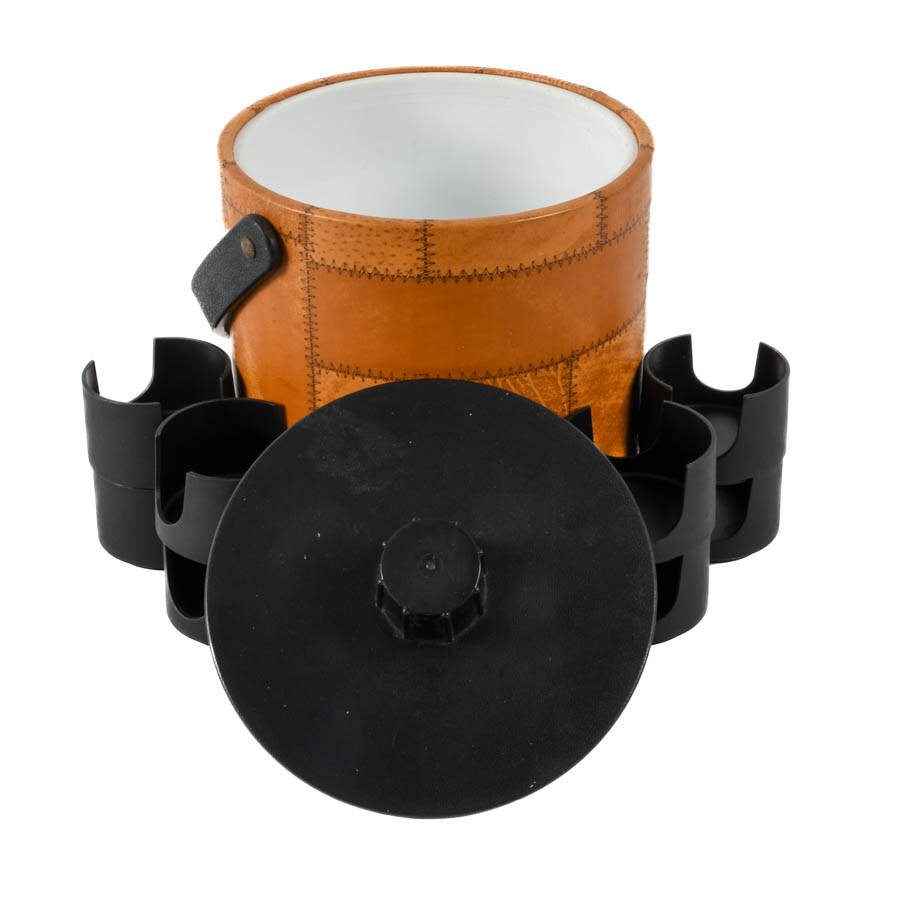 Mid-Century Modern Patchwork Leather Ice Bucket with Cup Holders-5