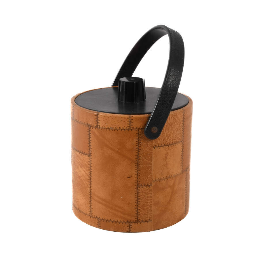 Mid-Century Modern Patchwork Leather Ice Bucket with Cup Holders-3