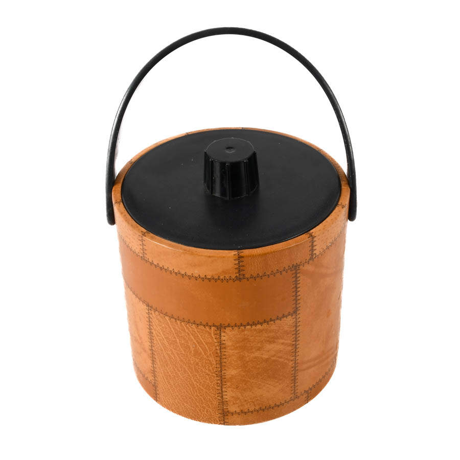 Mid-Century Modern Patchwork Leather Ice Bucket with Cup Holders-2