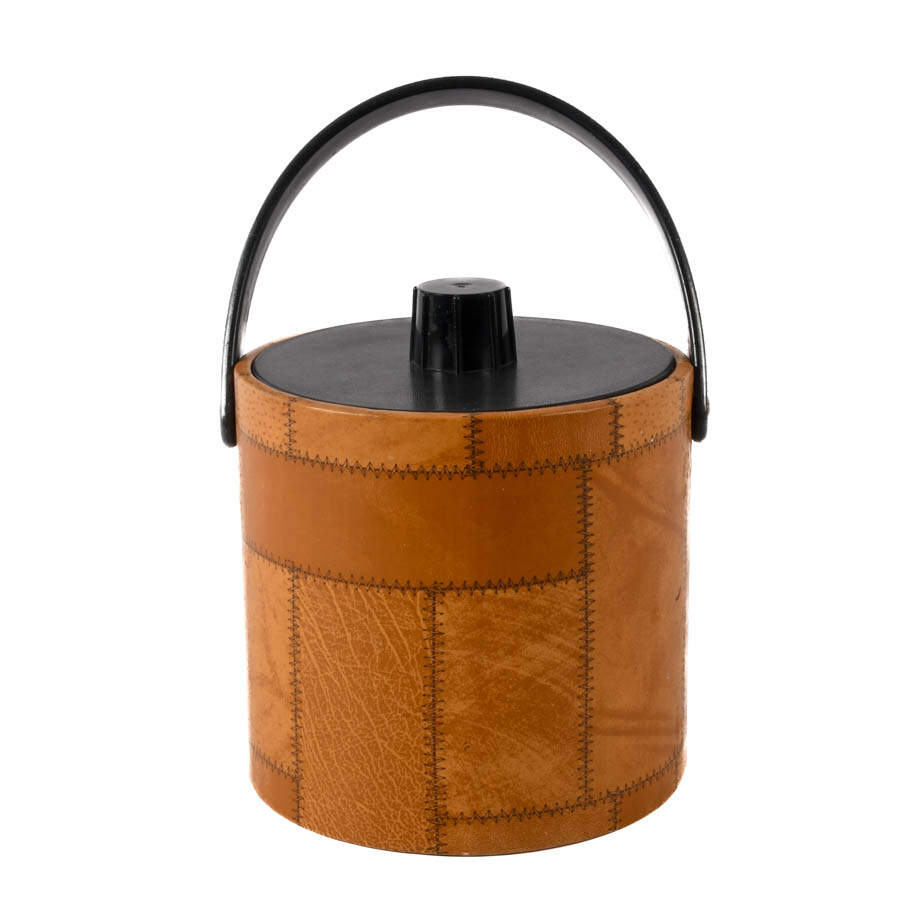 Mid-Century Modern Patchwork Leather Ice Bucket with Cup Holders-1