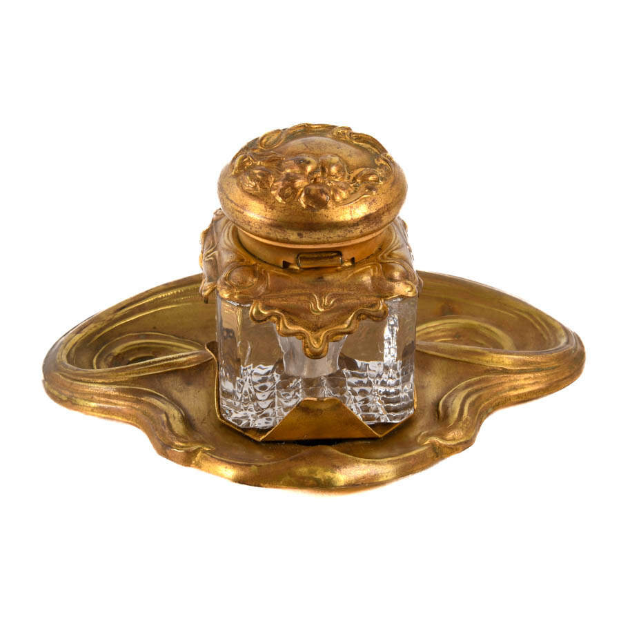 Antique Art Nouveau Brass Inkwell-6