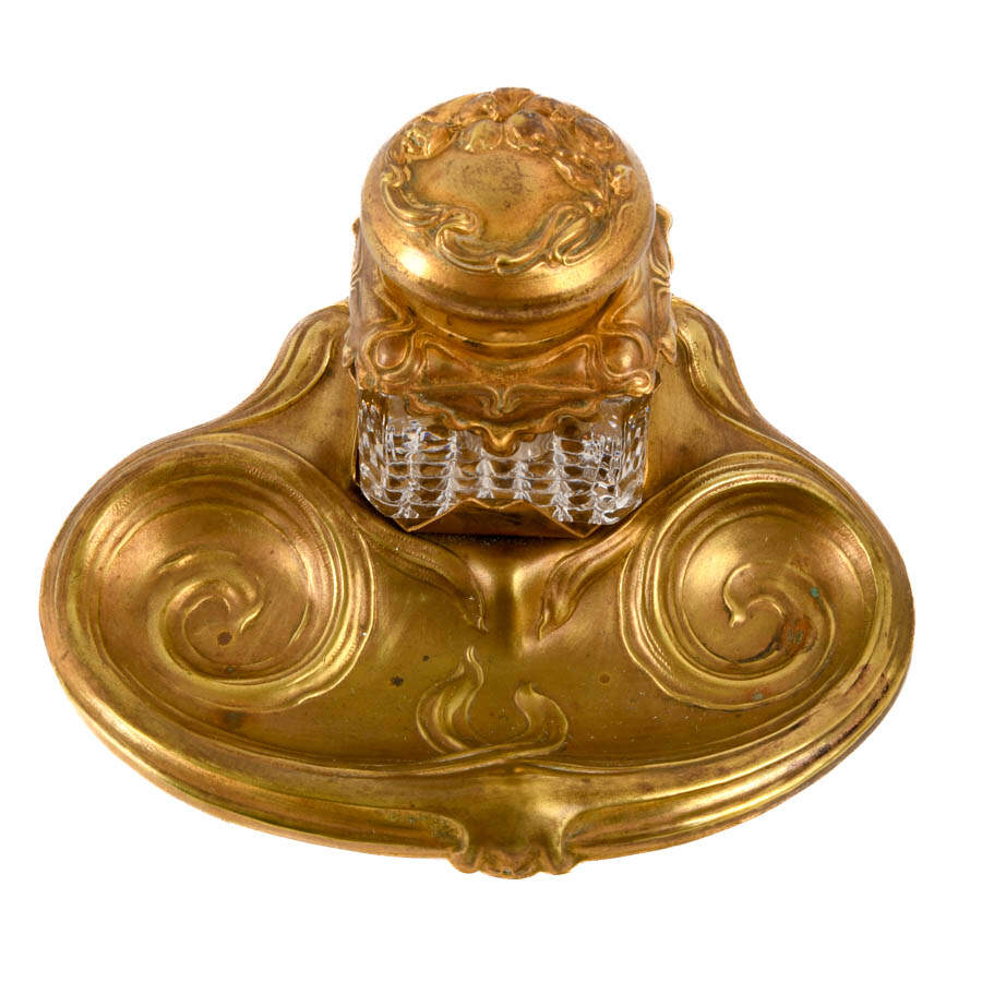 Antique Art Nouveau Brass Inkwell-3